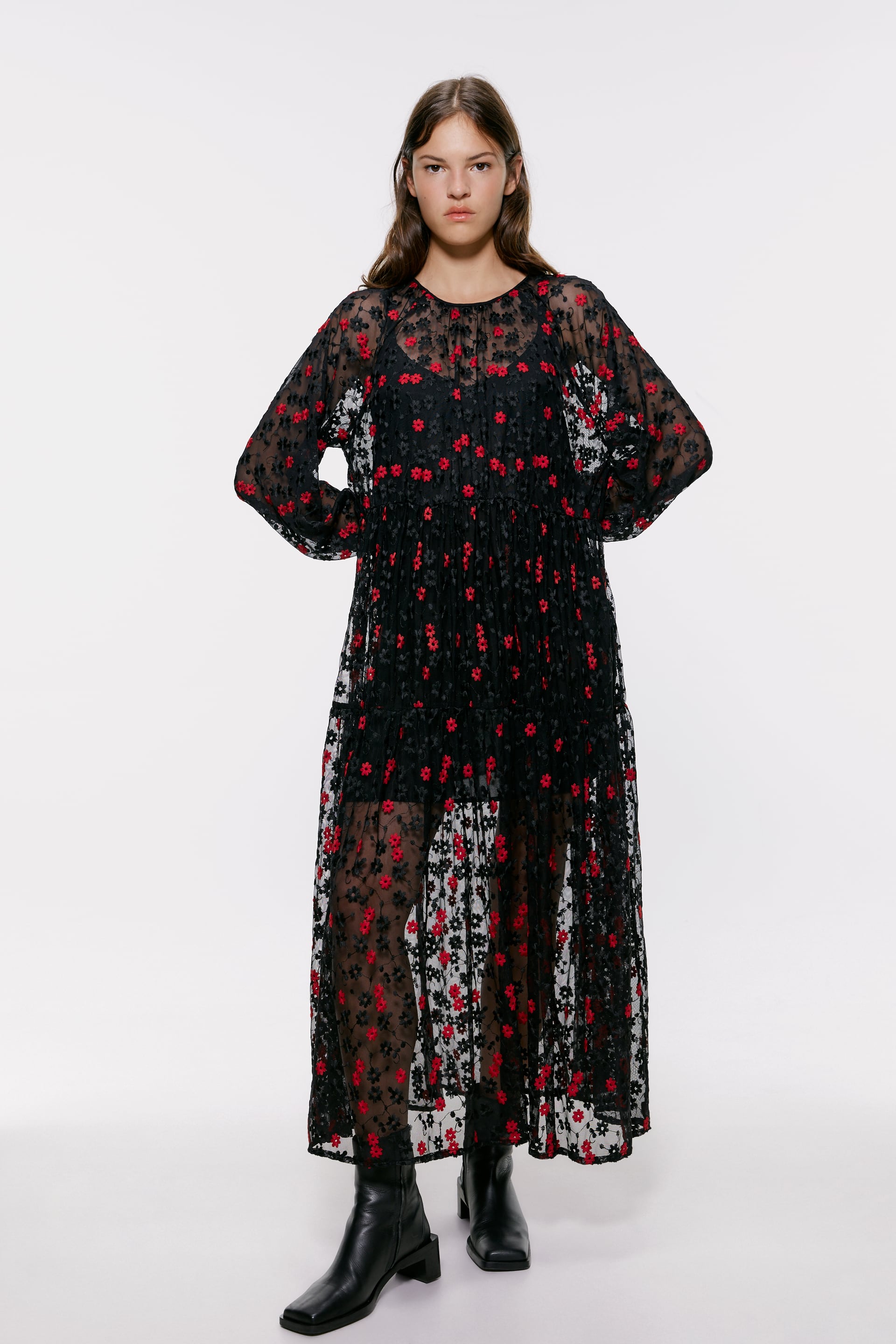 Zara + Floral Embroidered Oversized Dress